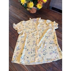Philosophy Floral Ruffle Blouse Button Down Short Sleeve‎ Yellow Woman's XS/TP